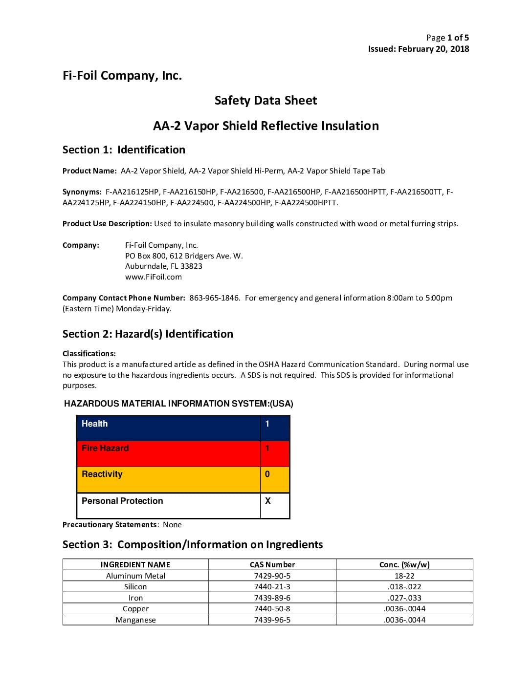 AA2 Shield™ Safety Data Sheet