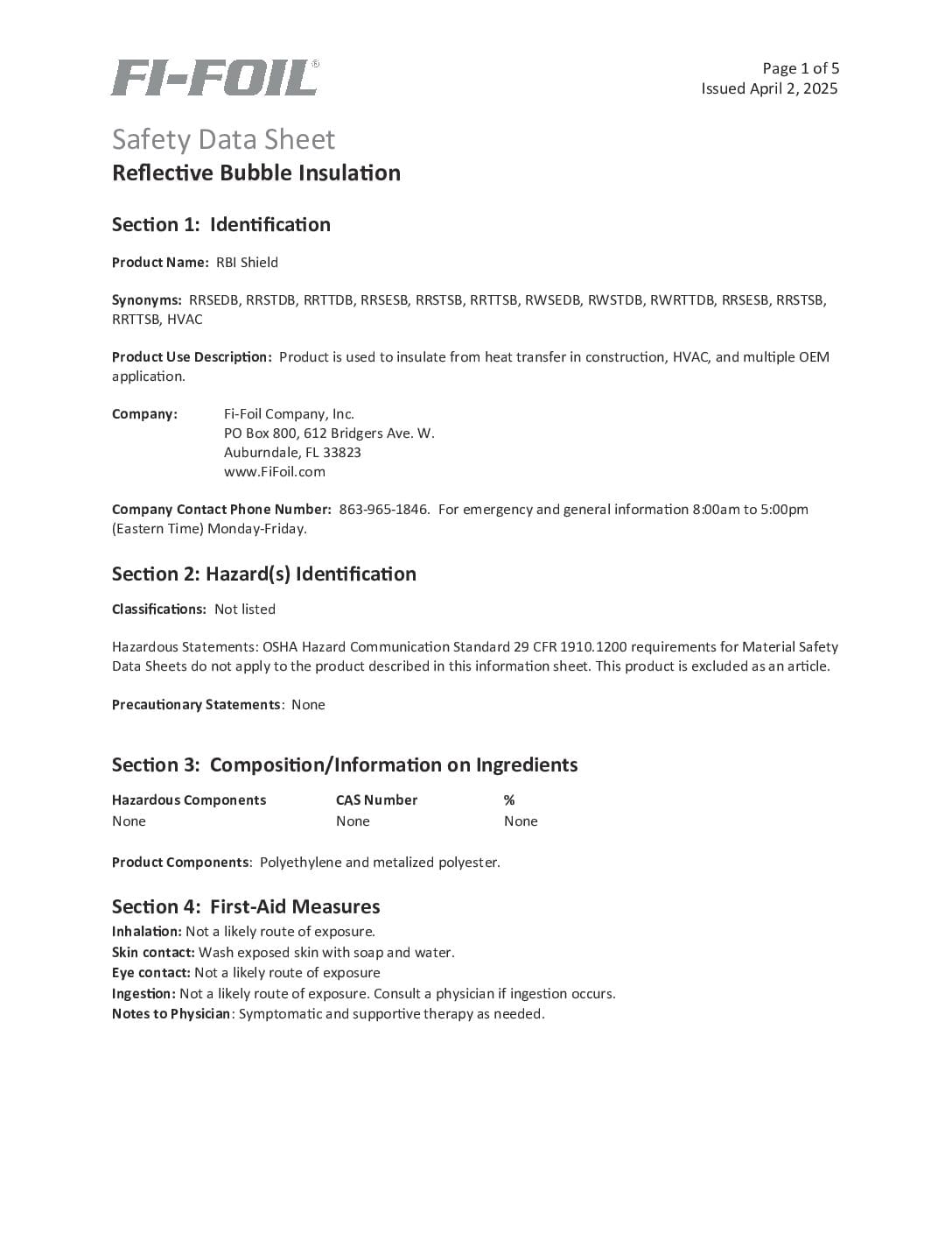 RetroShield® Safety Data Sheet