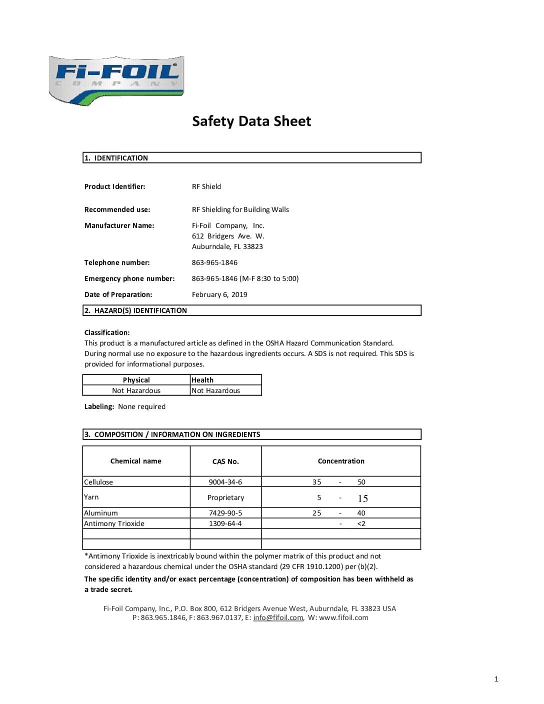 RF Shield™ Safety Data Sheet