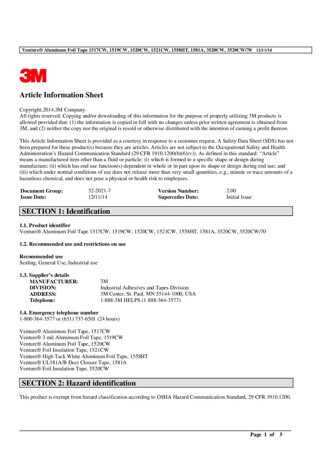 3M™ Venture Aluminum Foil Tape SDS