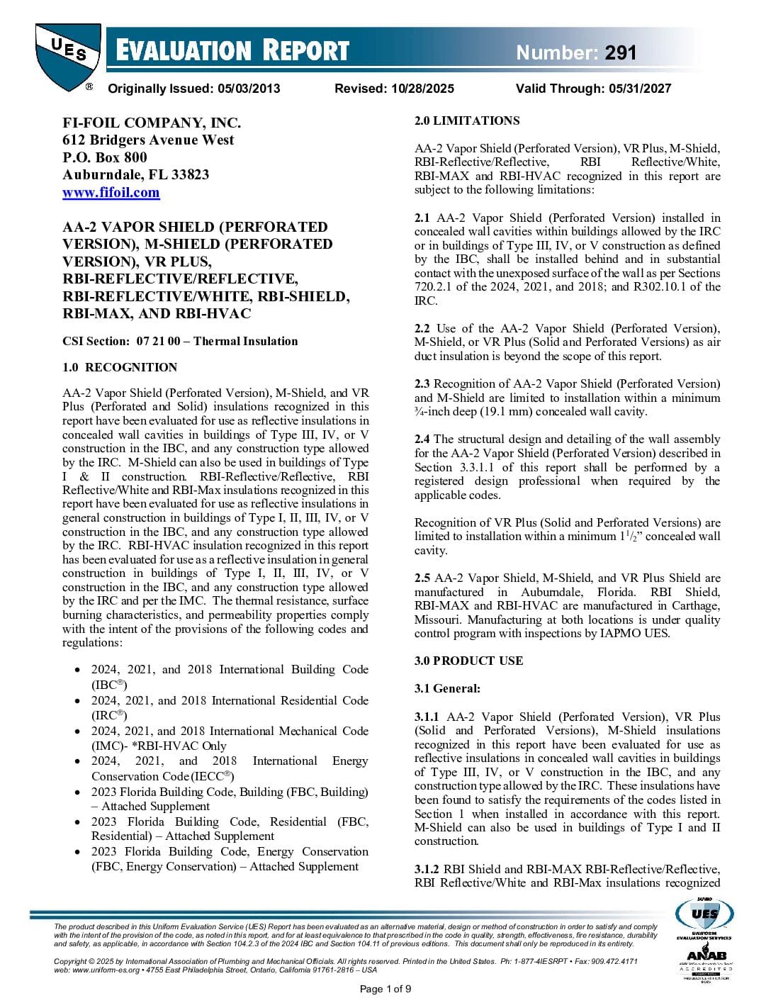 VR Plus Shield™ IAPMO Evaluation Report 291