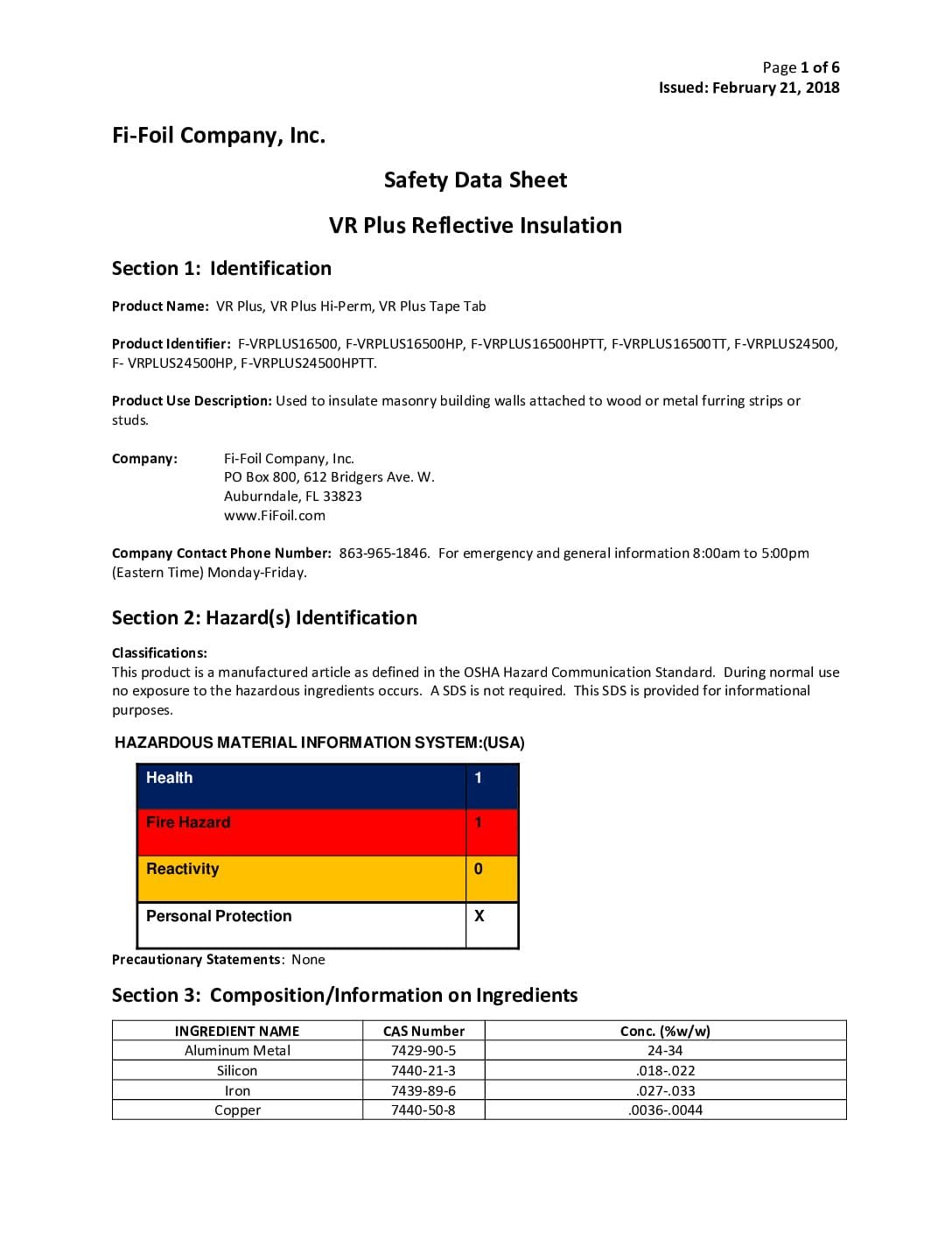 VR Plus Shield™ Safety Data Sheet